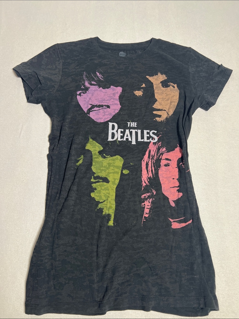 The Beatles Black Short Sleeve Graphic Tee with Pink, Purple, Green, Gold Faces